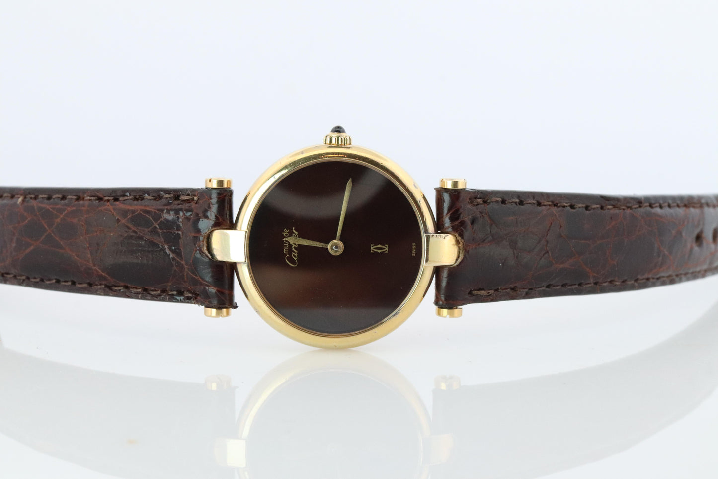 Genuine Cartier Watch. Must de Cartier Vendome Round Argent Vermeil Brown ladies