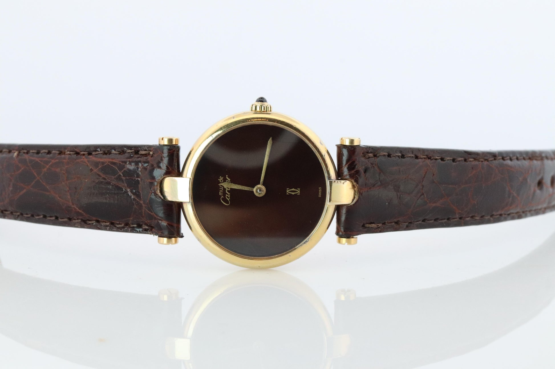 Genuine Cartier Watch. Must de Cartier Vendome Round Argent Vermeil Brown ladies