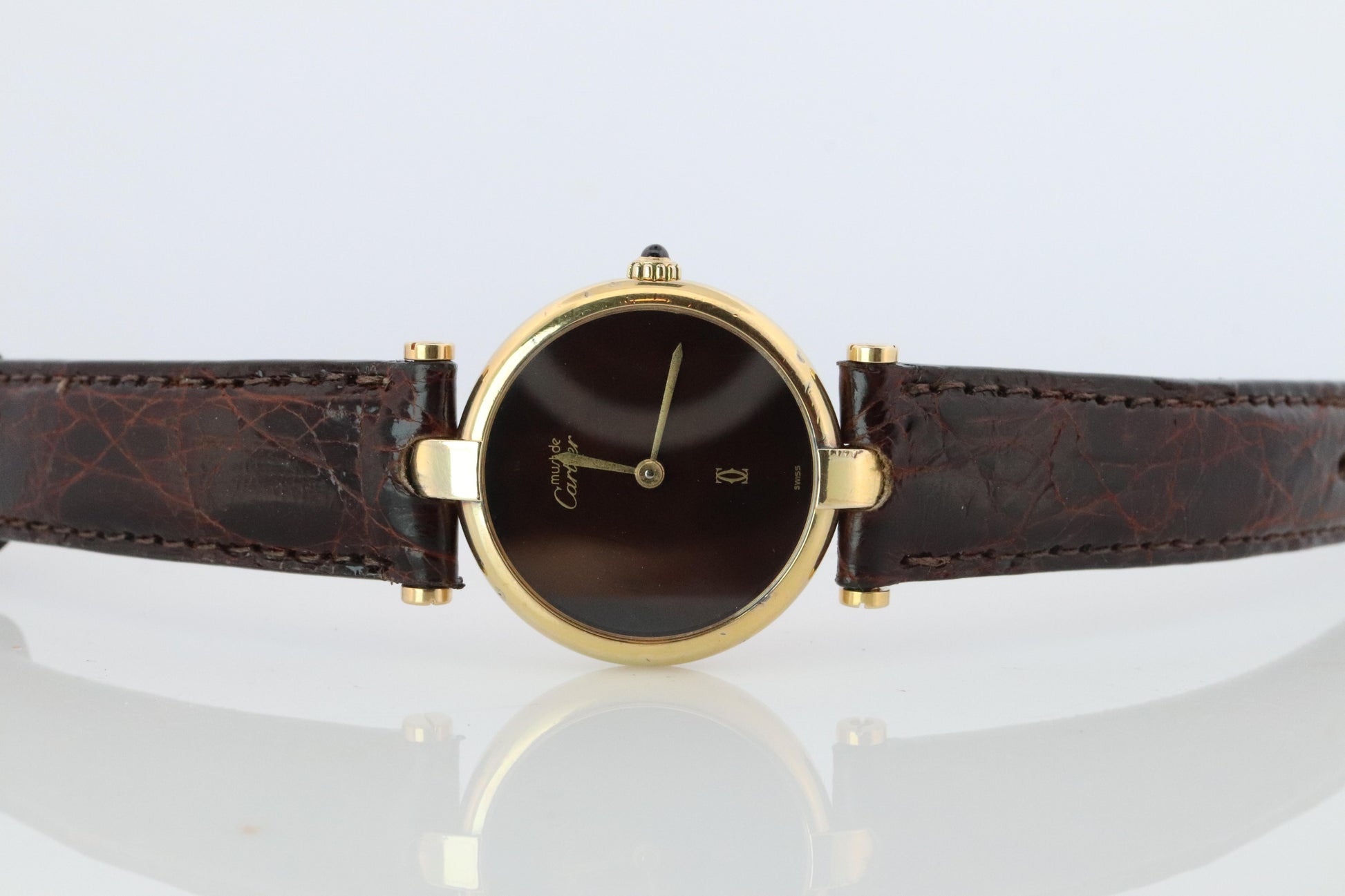 Genuine Cartier Watch. Must de Cartier Vendome Round Argent Vermeil Brown ladies