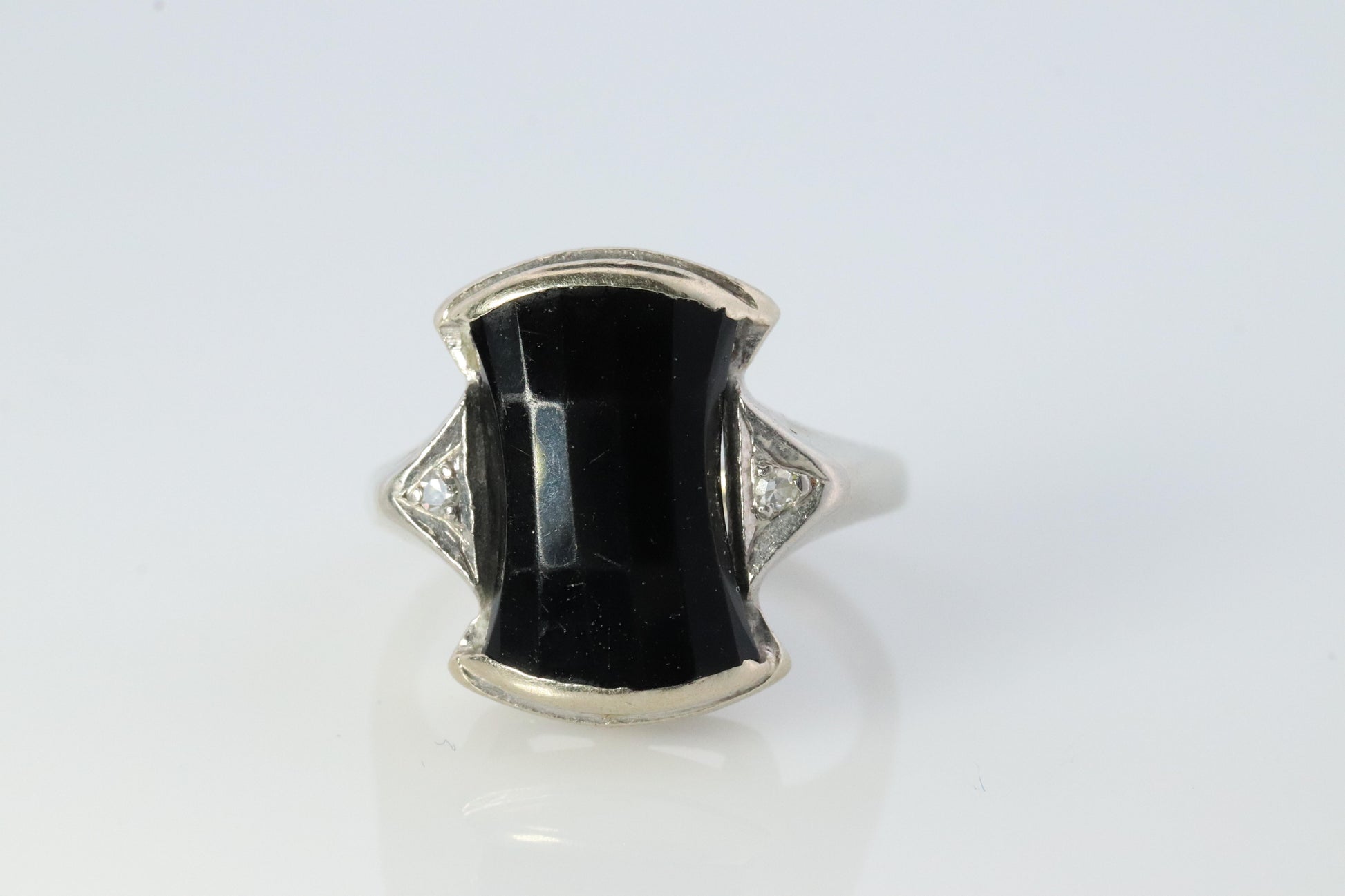 Vintage Geometric Black Onyx 14k Gold ring with diamonds.