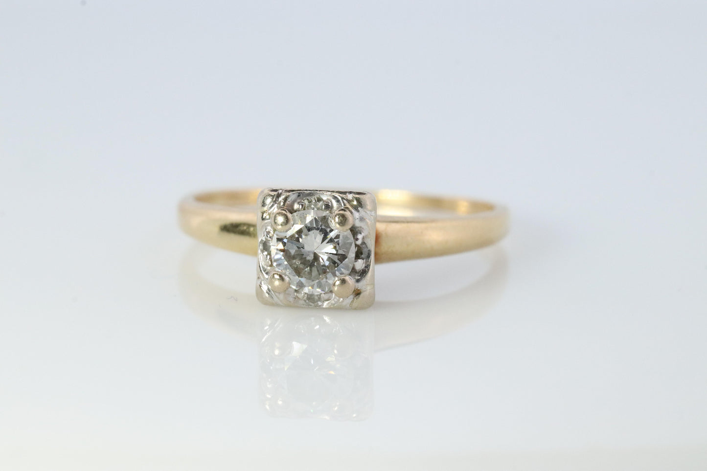 Art Deco Diamond Solitaire Square setting Ring. 14k Gold European Cut diamond