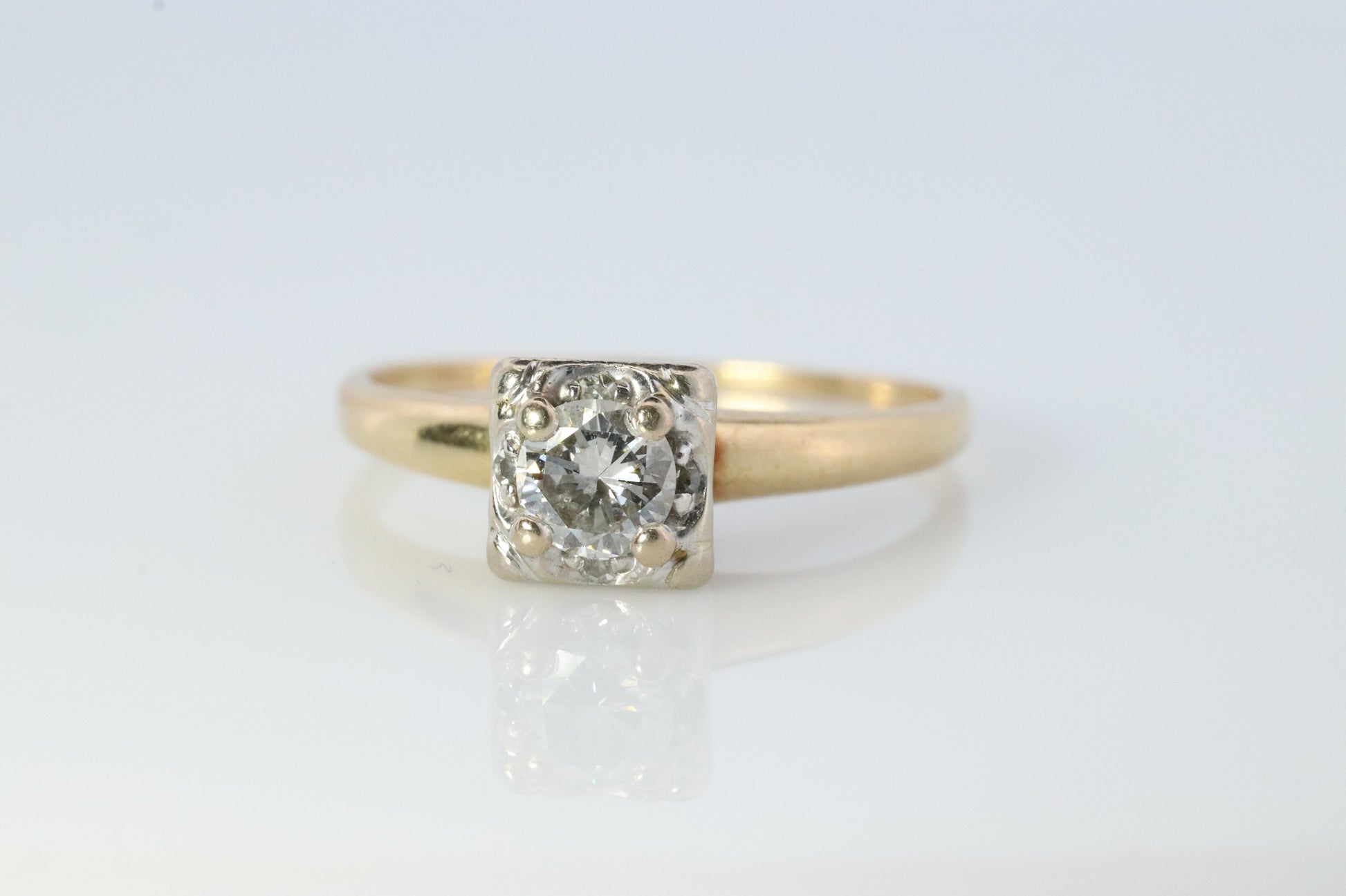 Art Deco Diamond Solitaire Square setting Ring. 14k Gold European Cut diamond