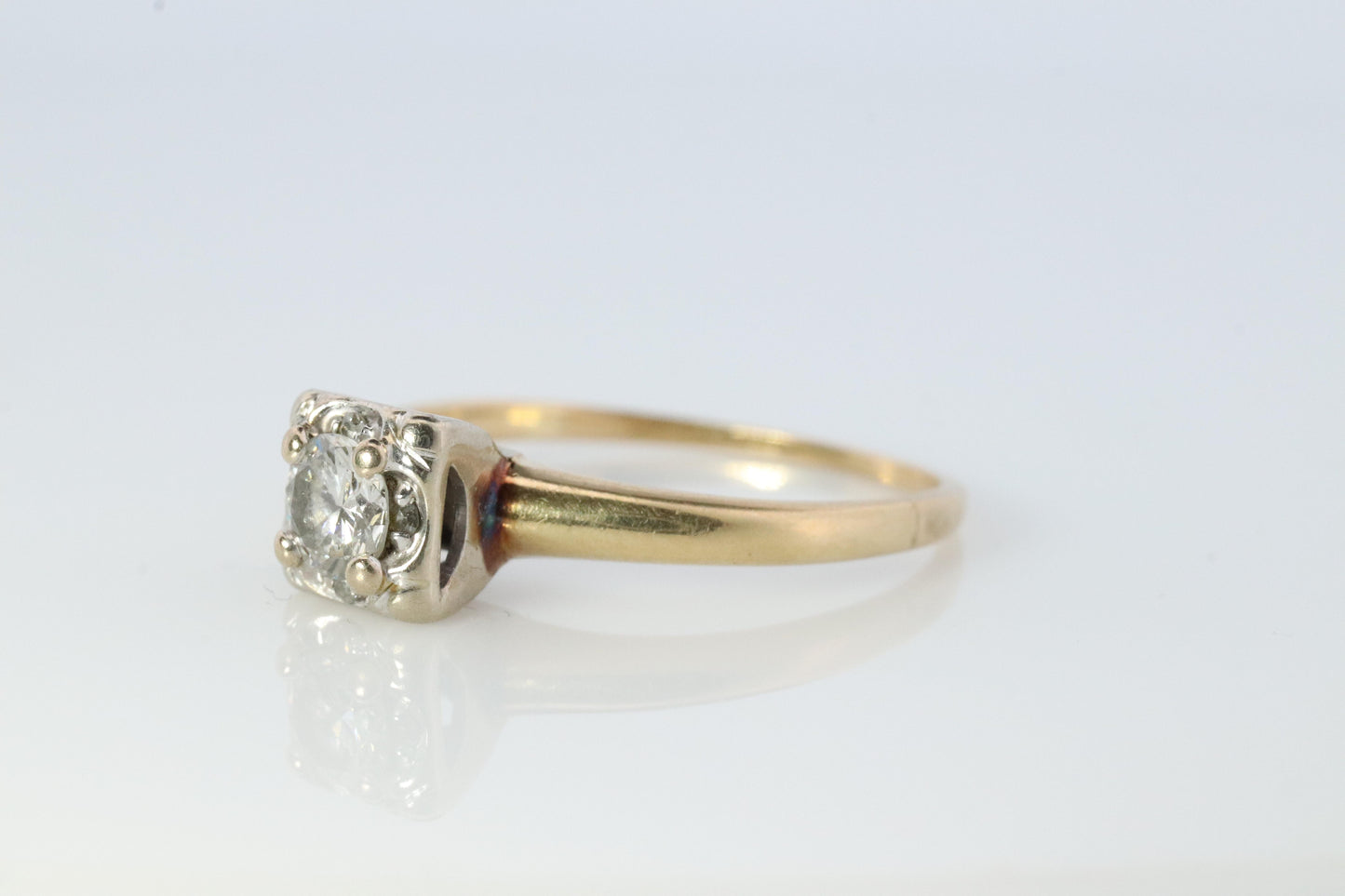 Art Deco Diamond Solitaire Square setting Ring. 14k Gold European Cut diamond