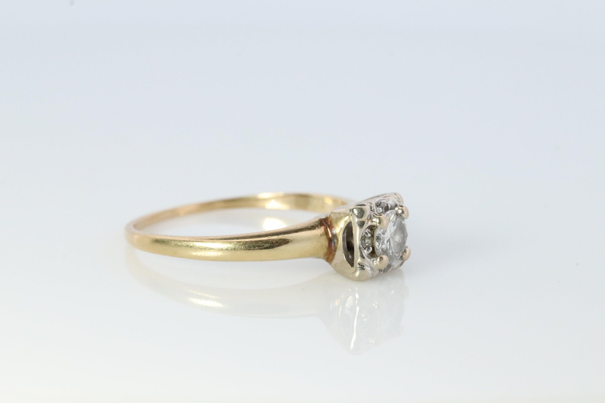 Art Deco Diamond Solitaire Square setting Ring. 14k Gold European Cut diamond