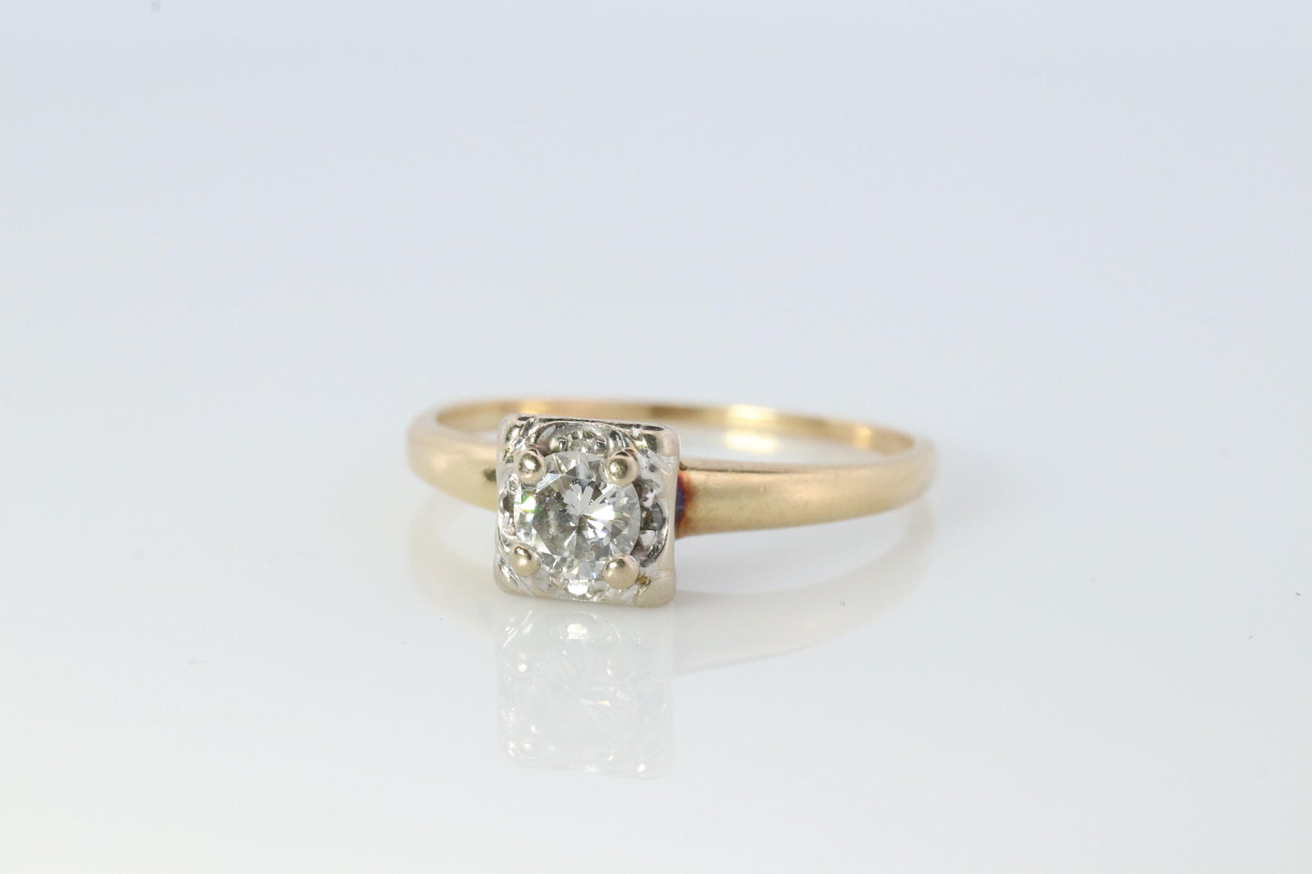 Art Deco Diamond Solitaire Square setting Ring. 14k Gold European Cut diamond