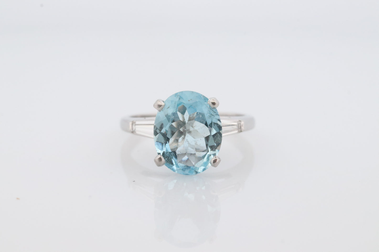 Platinum Large Aquamarine and Tapered Baguette diamond ring. APPRAISED Platinum oval aquamarine engagement ring st632/50