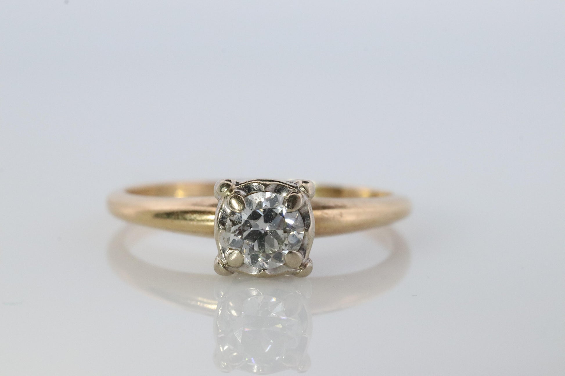 Art Deco Diamond Solitaire Square setting Ring. 14k Gold European Cut diamond