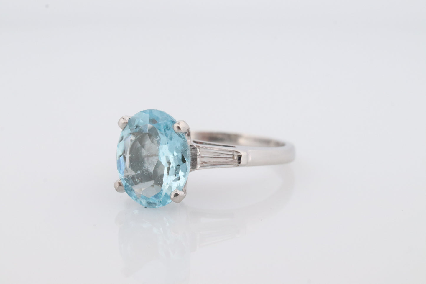 Platinum Large Aquamarine and Tapered Baguette diamond ring. APPRAISED Platinum oval aquamarine engagement ring st632/50