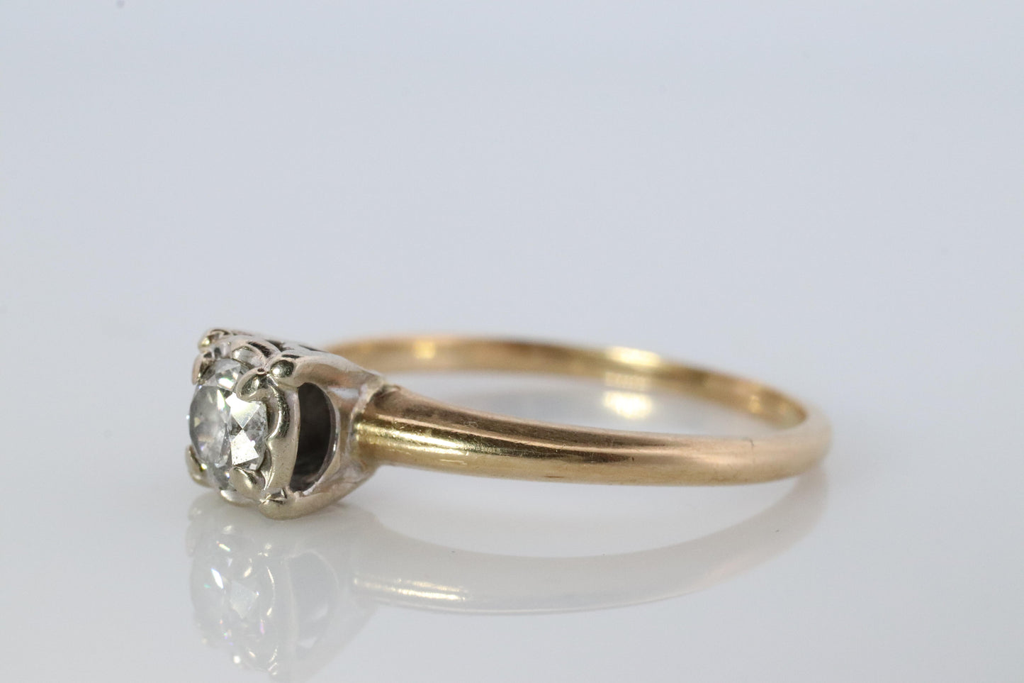 Art Deco Diamond Solitaire Square setting Ring. 14k Gold European Cut diamond