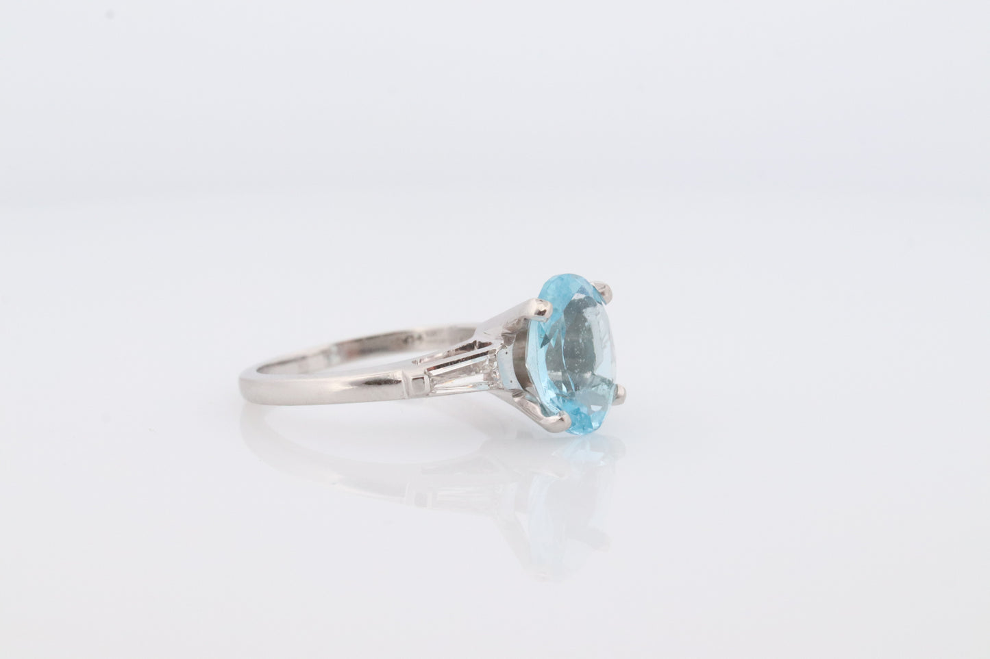 Platinum Large Aquamarine and Tapered Baguette diamond ring. APPRAISED Platinum oval aquamarine engagement ring st632/50