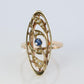 14k Antique shield ring. Sapphire pearl seed. Gold Filigree Open scroll ring.