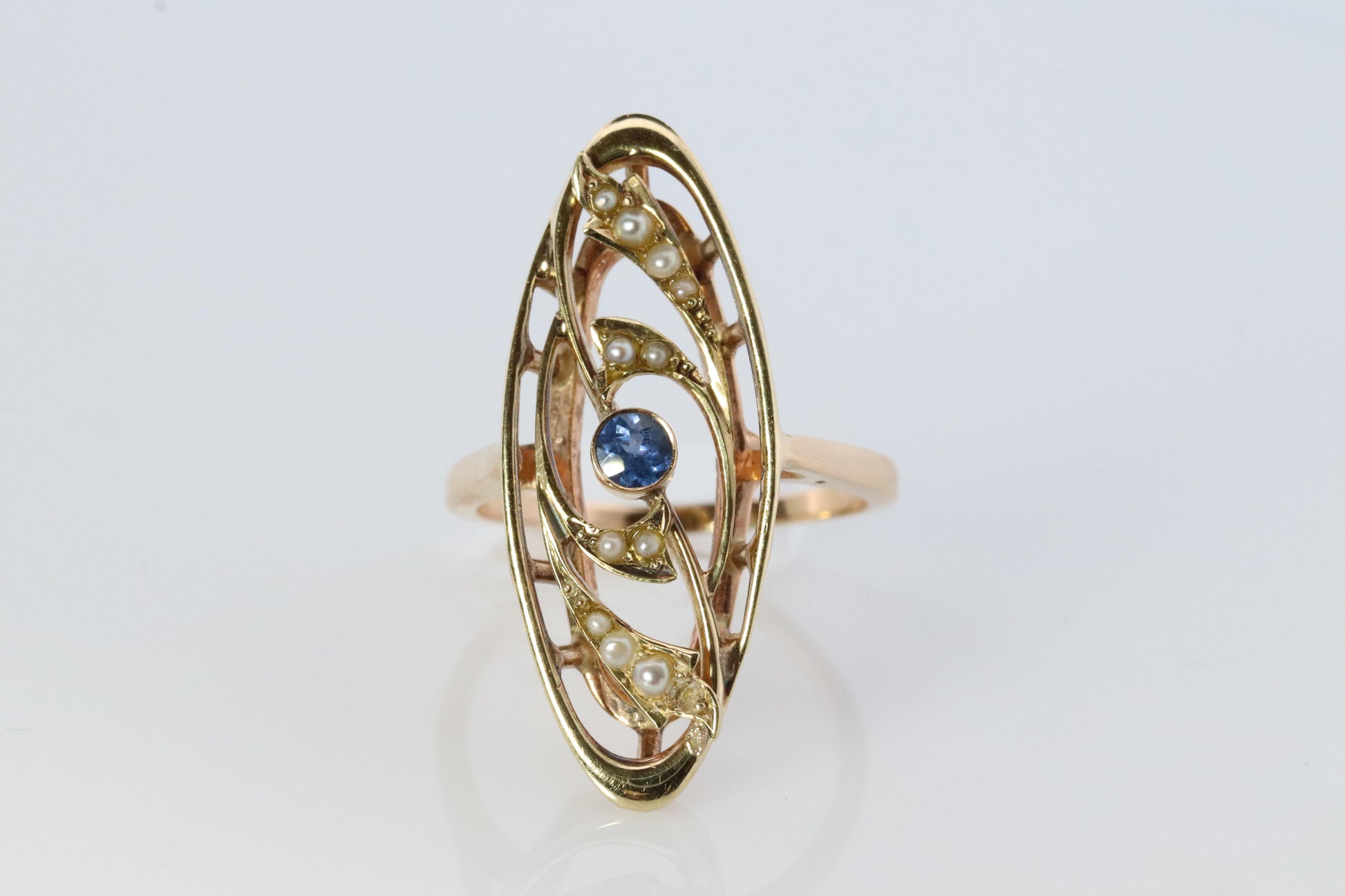 14k Antique shield ring. Sapphire pearl seed. Gold Filigree Open scroll ring.