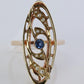 14k Antique shield ring. Sapphire pearl seed. Gold Filigree Open scroll ring.