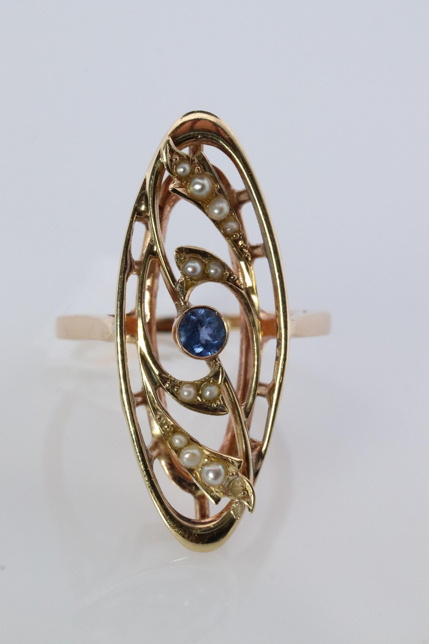 14k Antique shield ring. Sapphire pearl seed. Gold Filigree Open scroll ring.