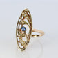 14k Antique shield ring. Sapphire pearl seed. Gold Filigree Open scroll ring.