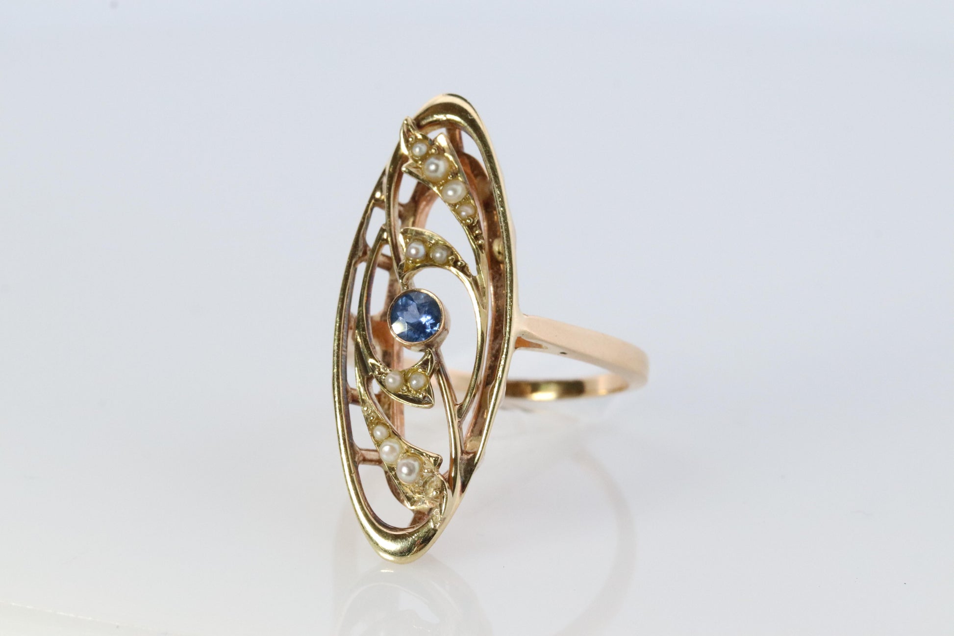 14k Antique shield ring. Sapphire pearl seed. Gold Filigree Open scroll ring.