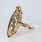 14k Antique shield ring. Sapphire pearl seed. Gold Filigree Open scroll ring.