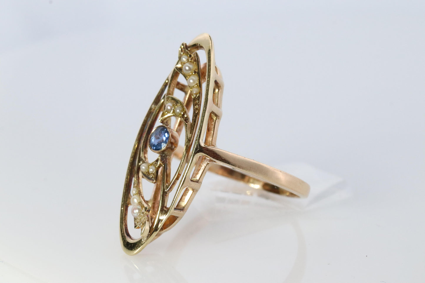 14k Antique shield ring. Sapphire pearl seed. Gold Filigree Open scroll ring.