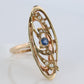 14k Antique shield ring. Sapphire pearl seed. Gold Filigree Open scroll ring.