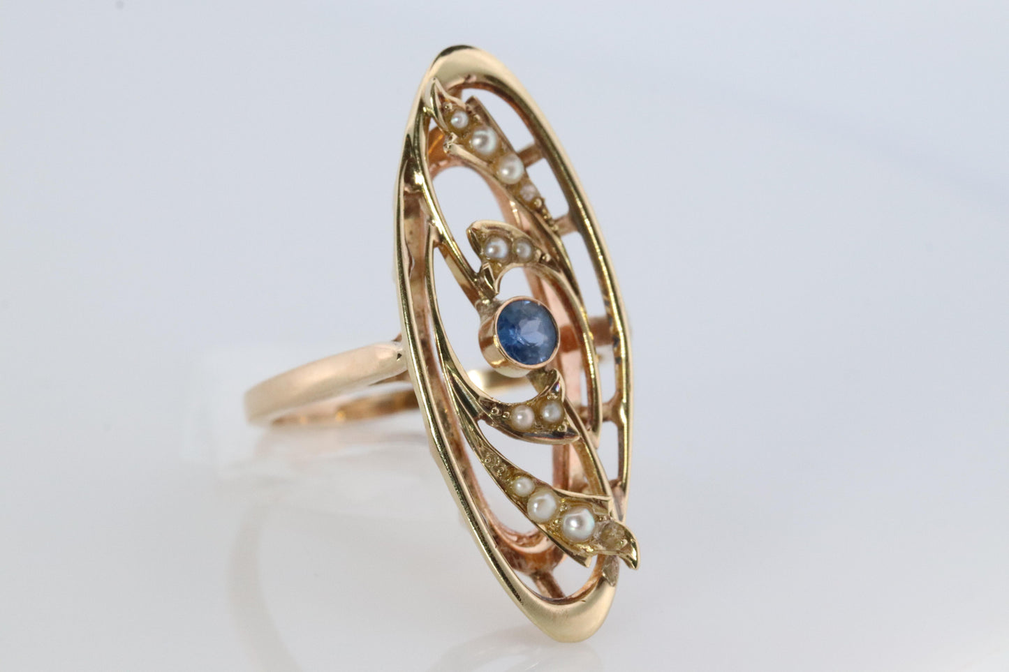 14k Antique shield ring. Sapphire pearl seed. Gold Filigree Open scroll ring.