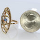 14k Antique shield ring. Sapphire pearl seed. Gold Filigree Open scroll ring.