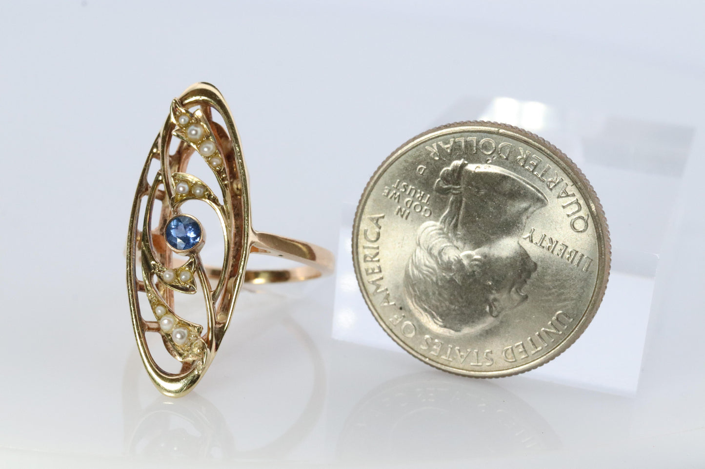 14k Antique shield ring. Sapphire pearl seed. Gold Filigree Open scroll ring.