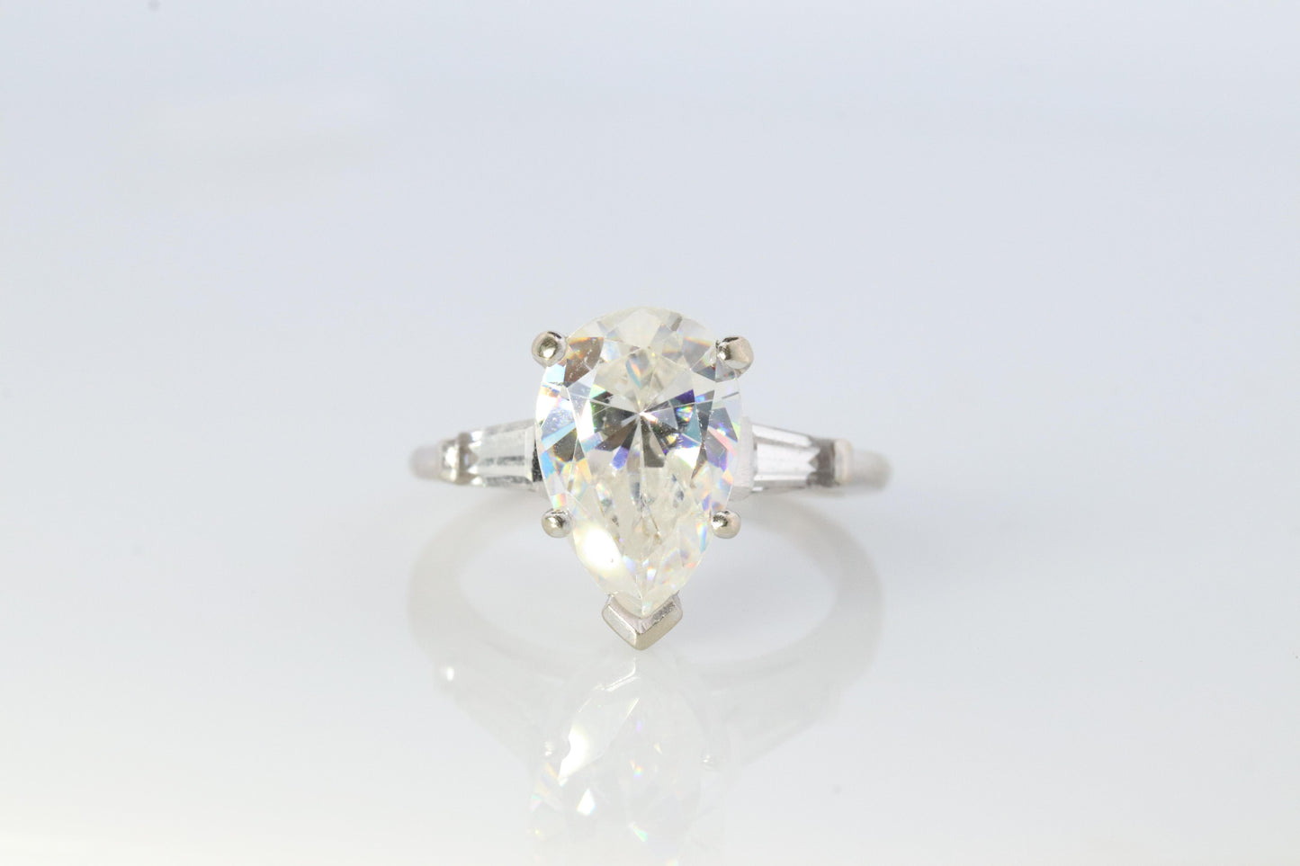 14k Gold LARGE White Topaz Pear cut engagement ring. Baguette and Pear Solitaire