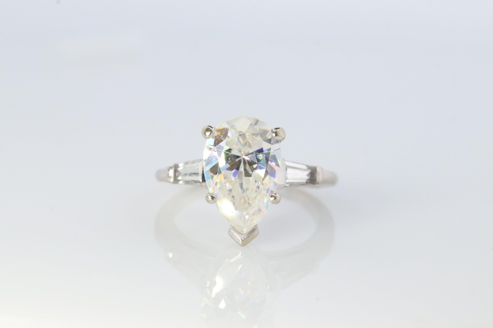 14k Gold LARGE White Topaz Pear cut engagement ring. Baguette and Pear Solitaire