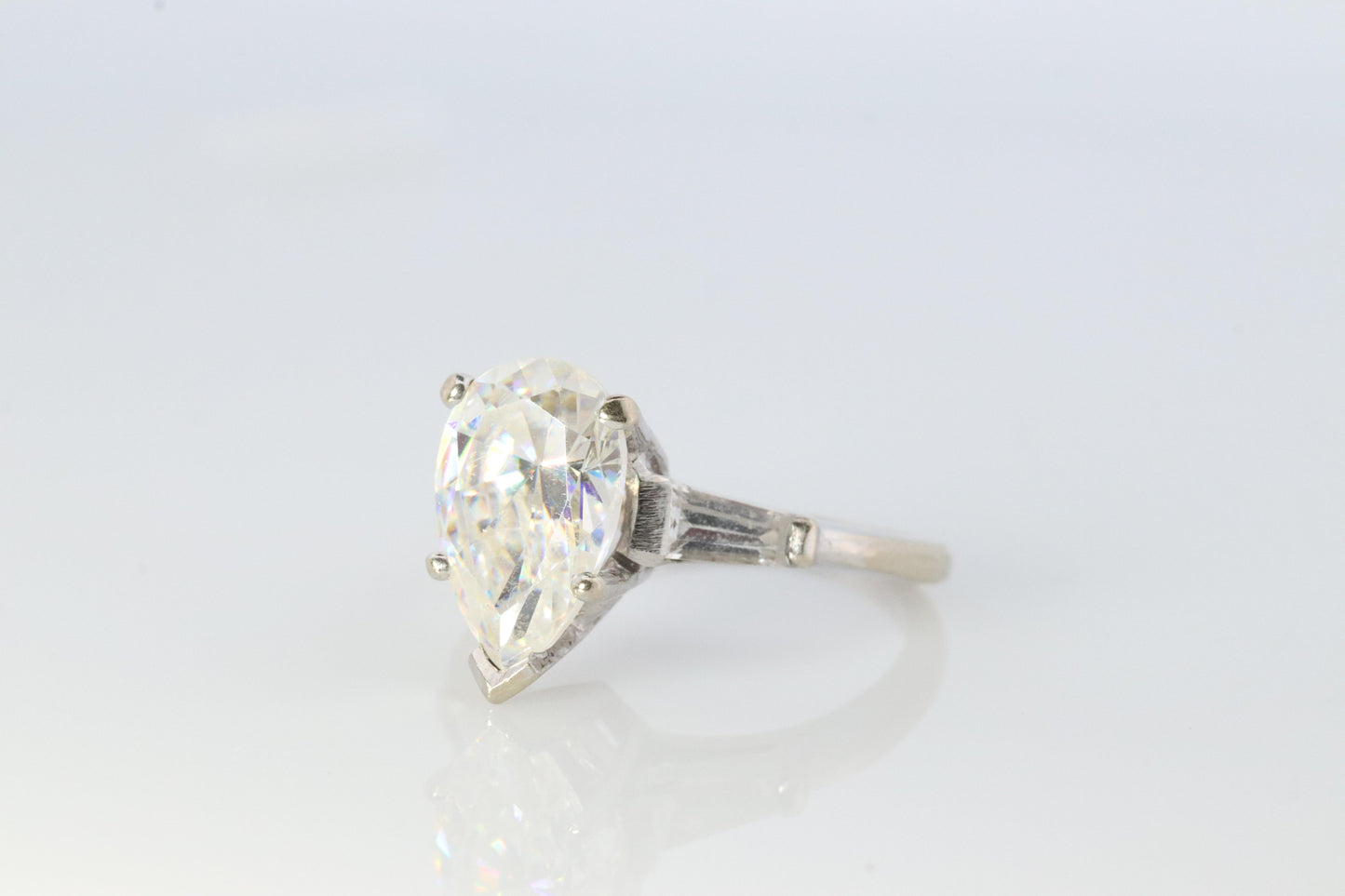 14k Gold LARGE White Topaz Pear cut engagement ring. Baguette and Pear Solitaire