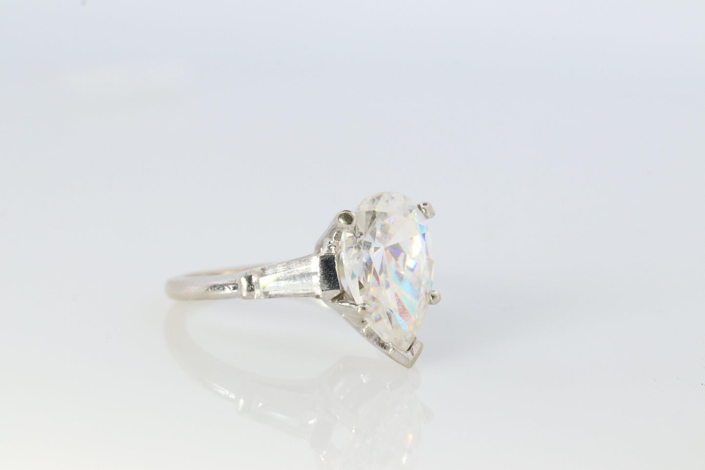 14k Gold LARGE White Topaz Pear cut engagement ring. Baguette and Pear Solitaire