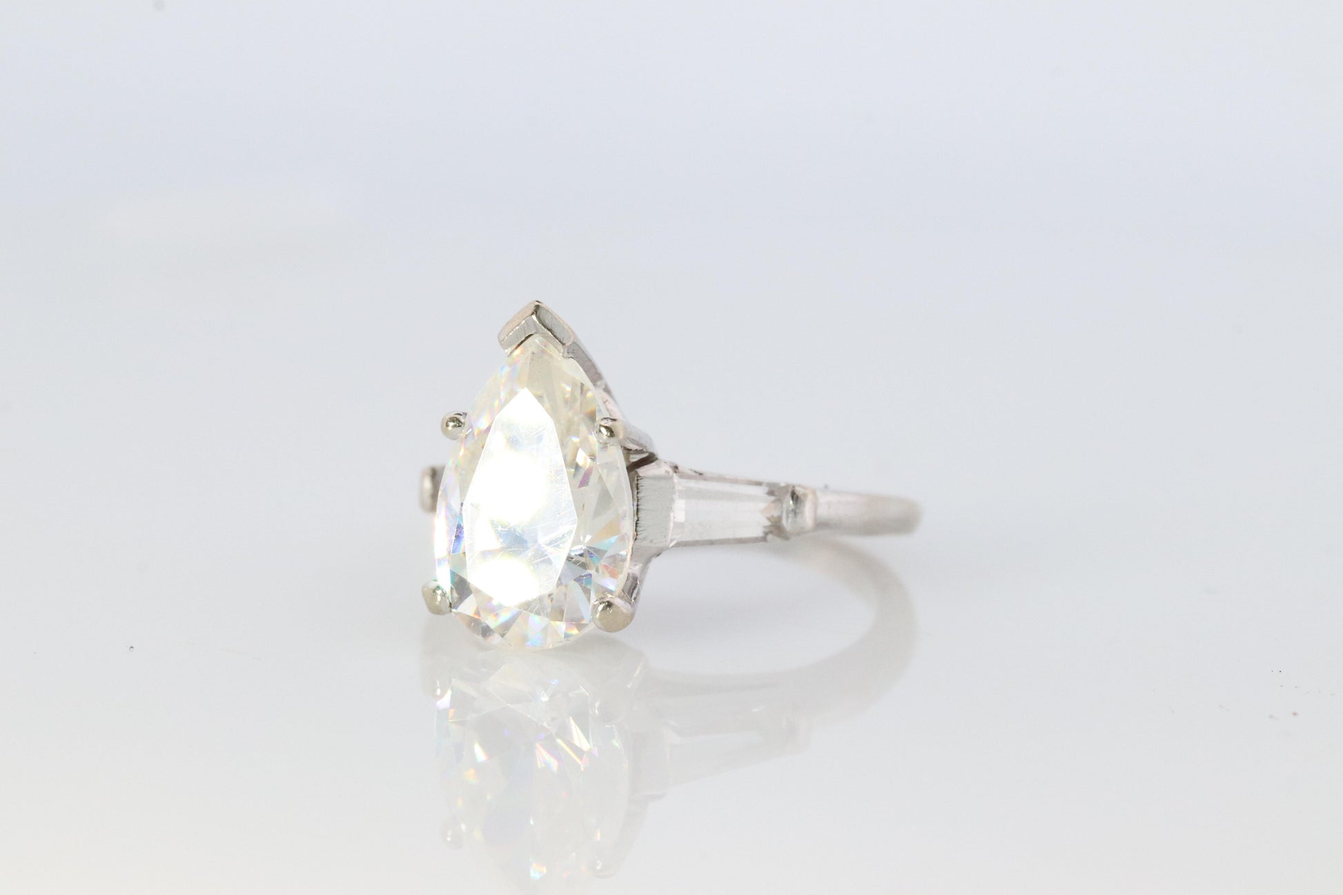 14k Gold LARGE White Topaz Pear cut engagement ring. Baguette and Pear Solitaire