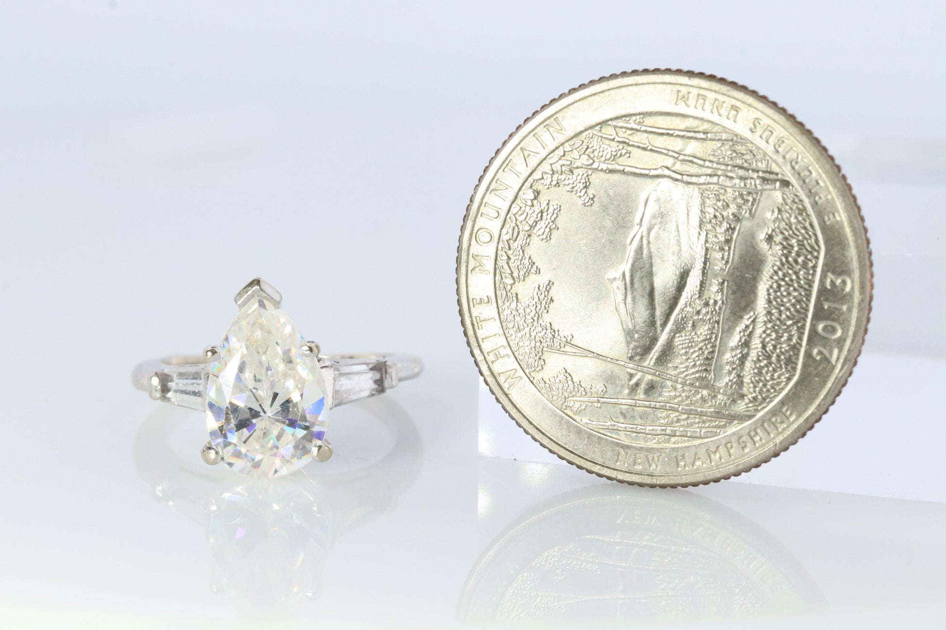 14k Gold LARGE White Topaz Pear cut engagement ring. Baguette and Pear Solitaire