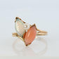 14k Pink Coral Opal and Pearl Cabochon cluster ring. Navette Peach coral band