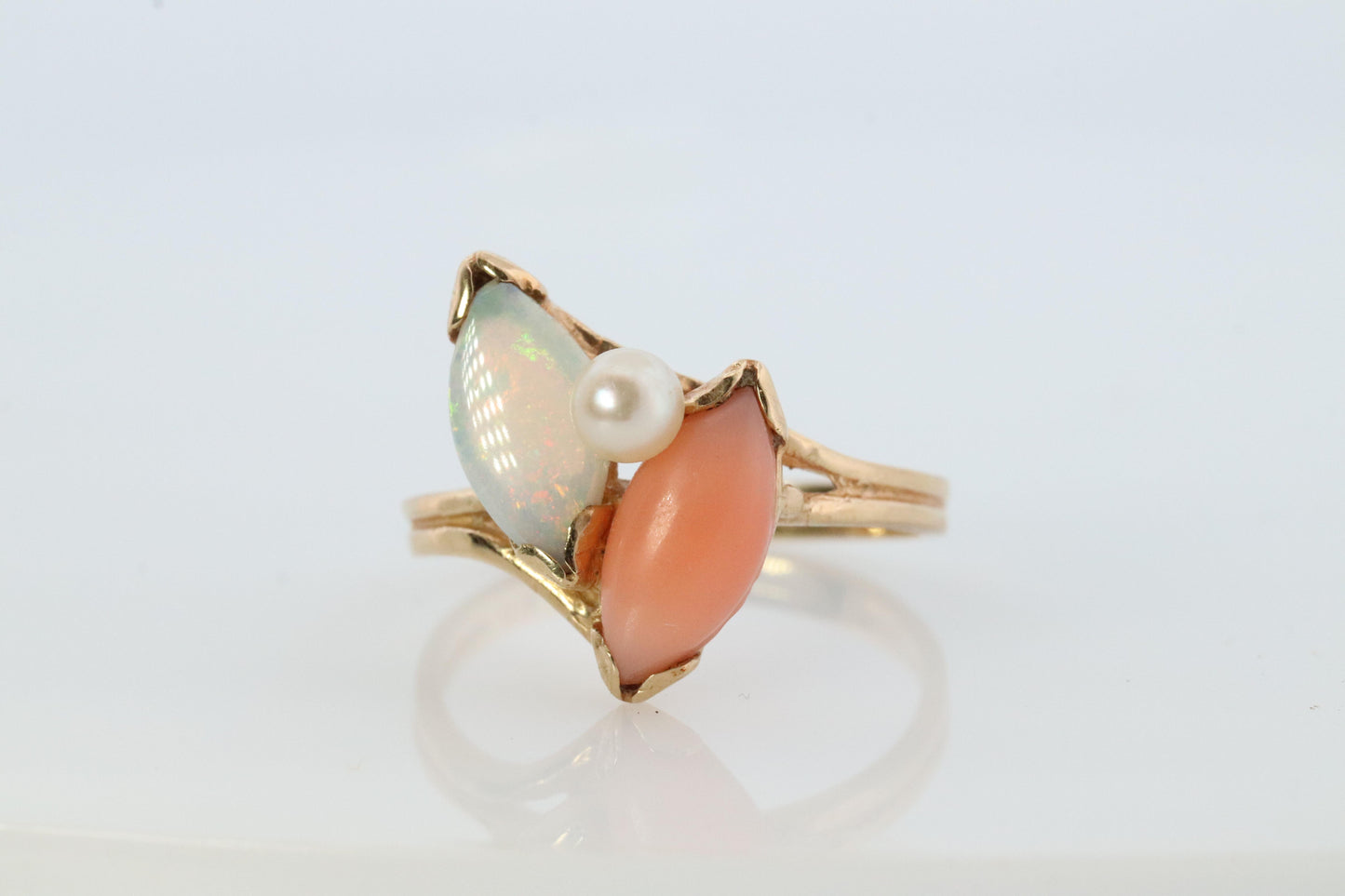 14k Pink Coral Opal and Pearl Cabochon cluster ring. Navette Peach coral band