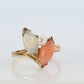 14k Pink Coral Opal and Pearl Cabochon cluster ring. Navette Peach coral band