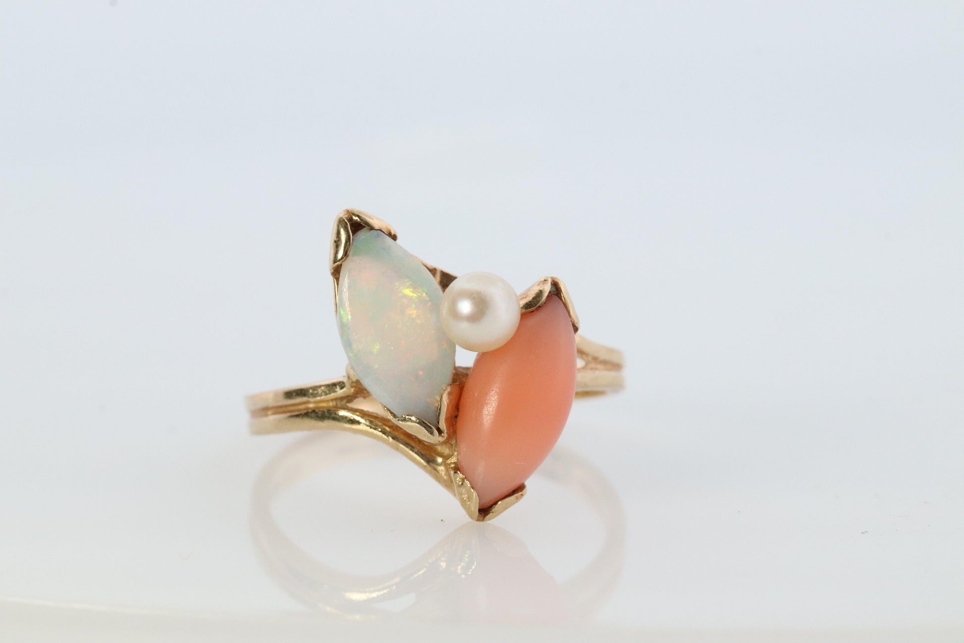 14k Pink Coral Opal and Pearl Cabochon cluster ring. Navette Peach coral band