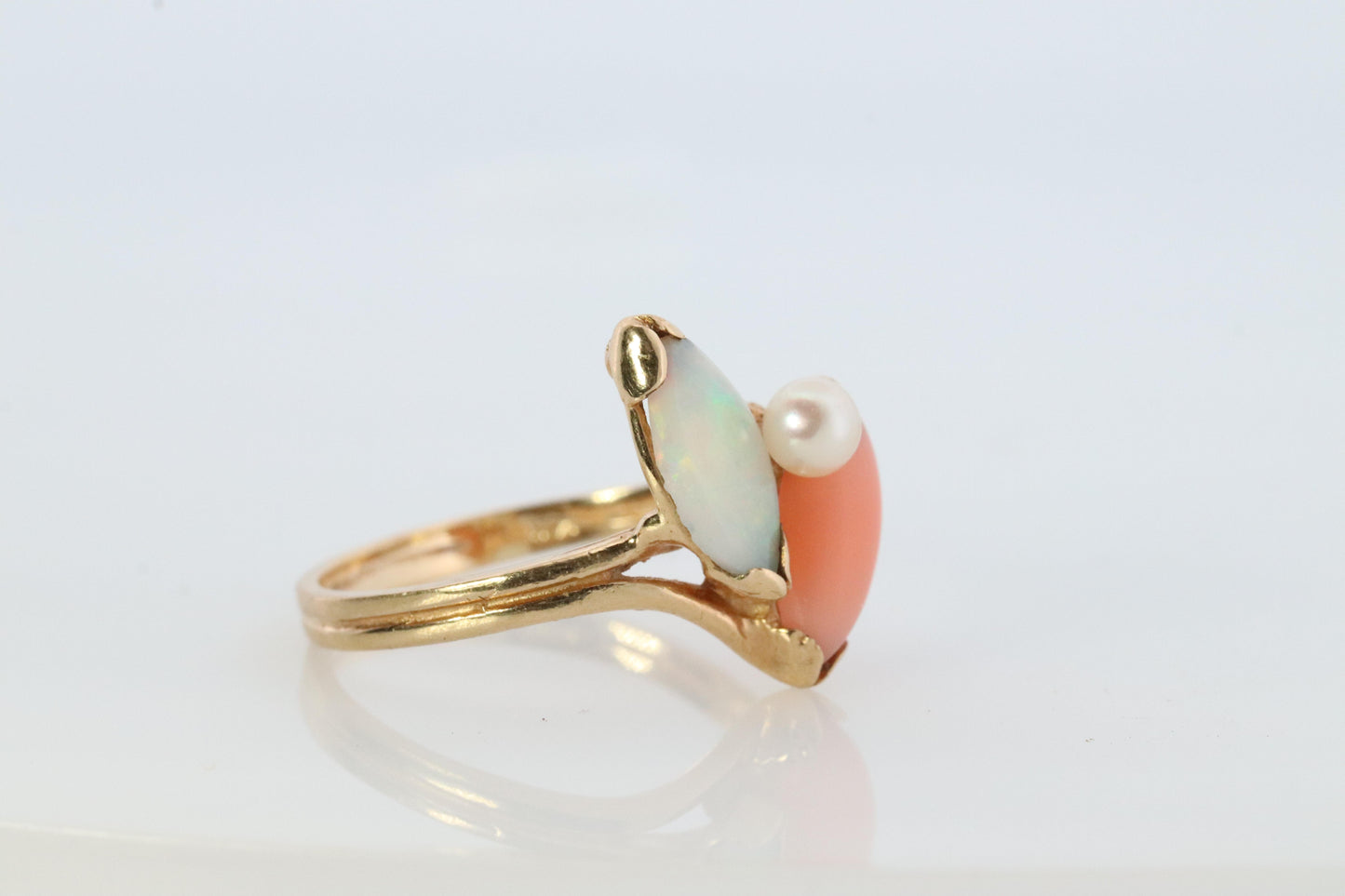 14k Pink Coral Opal and Pearl Cabochon cluster ring. Navette Peach coral band