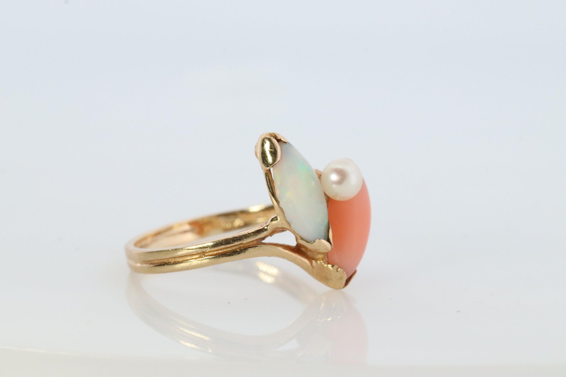 14k Pink Coral Opal and Pearl Cabochon cluster ring. Navette Peach coral band