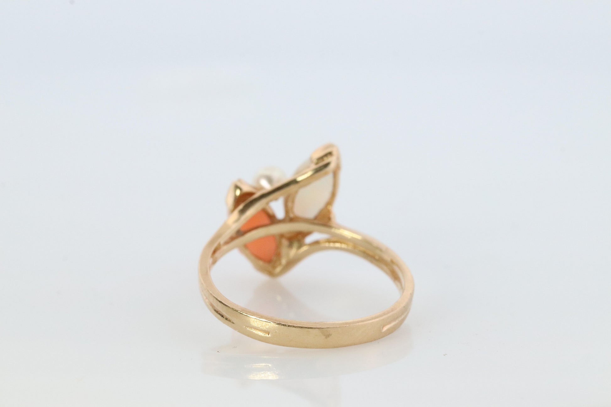 14k Pink Coral Opal and Pearl Cabochon cluster ring. Navette Peach coral band