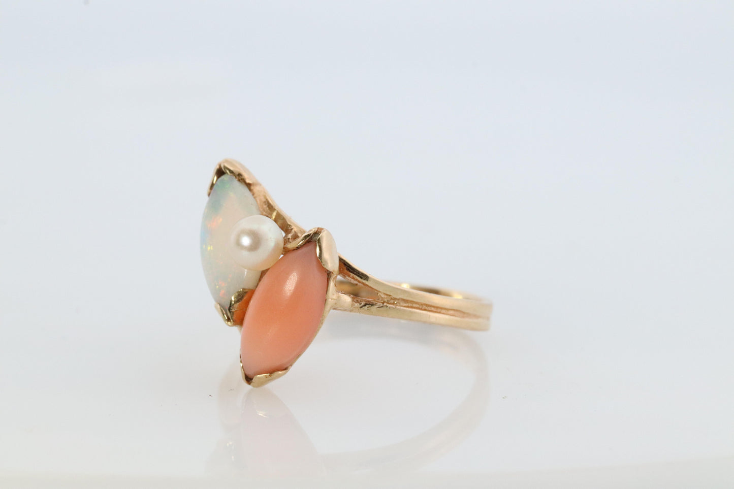 14k Pink Coral Opal and Pearl Cabochon cluster ring. Navette Peach coral band