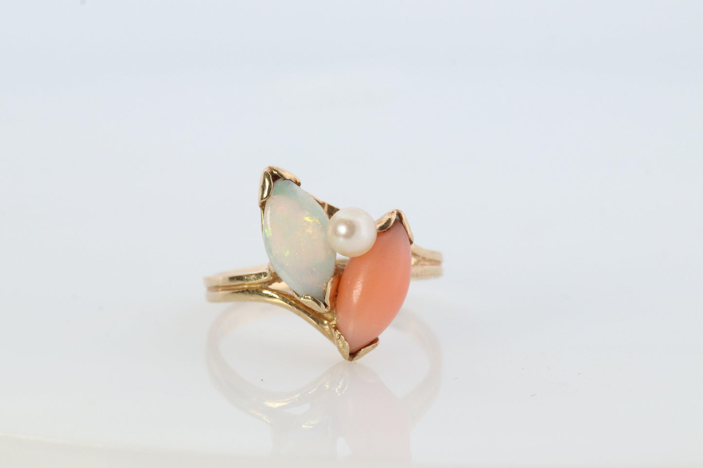 14k Pink Coral Opal and Pearl Cabochon cluster ring. Navette Peach coral band