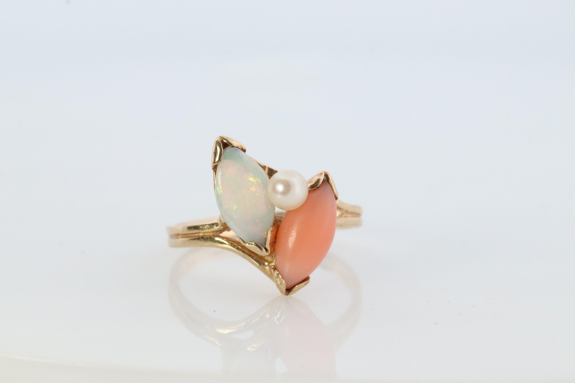 14k Pink Coral Opal and Pearl Cabochon cluster ring. Navette Peach coral band