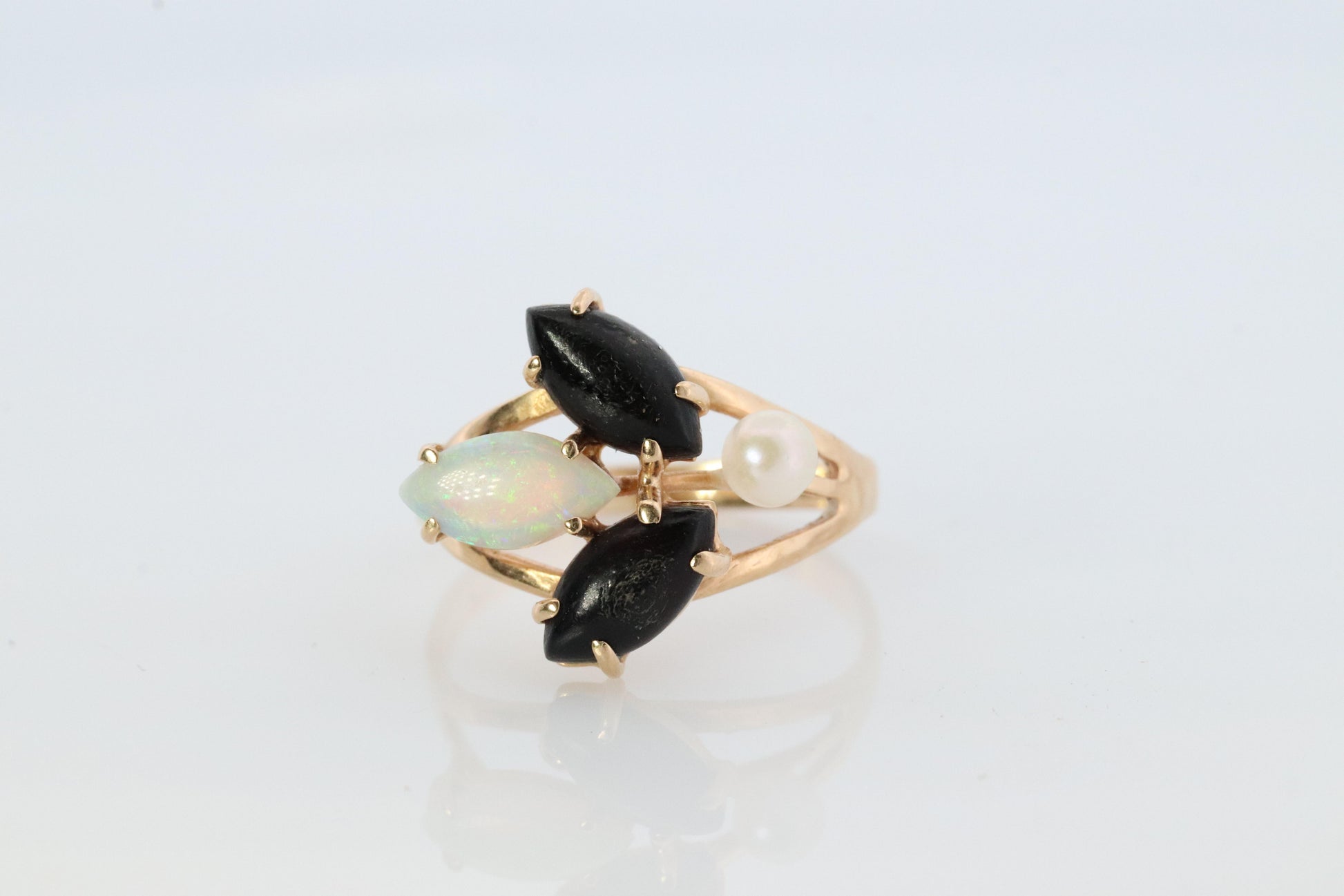 14k Onyx Opal and Pearl Cabochon cluster ring. Navette Onyx Opal band.