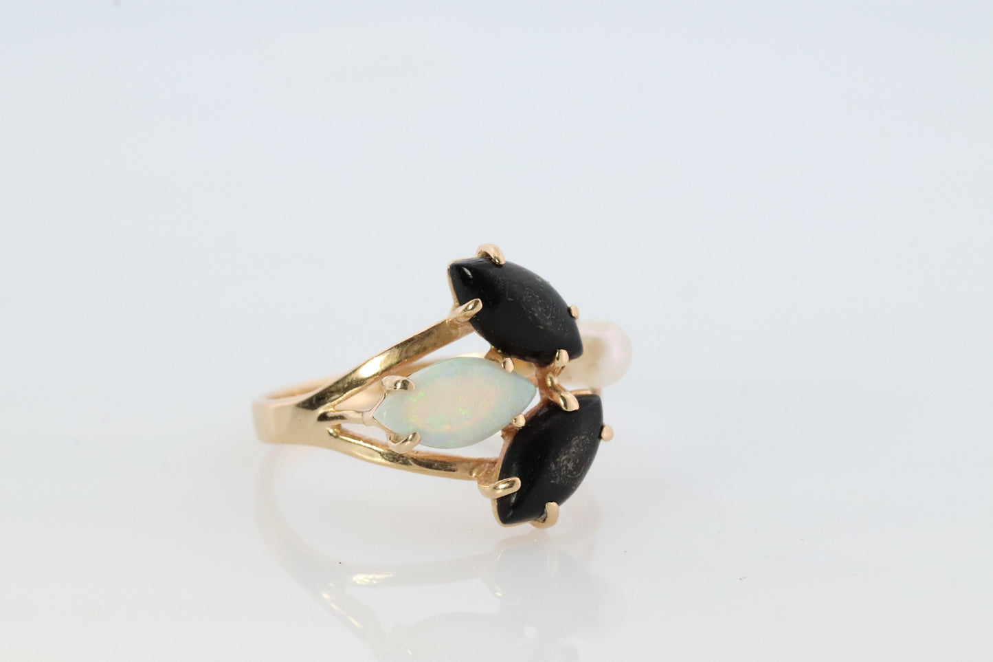 14k Onyx Opal and Pearl Cabochon cluster ring. Navette Onyx Opal band.