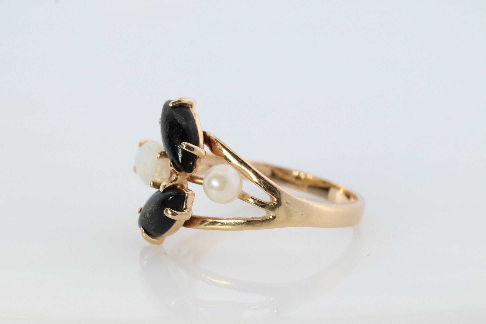 14k Onyx Opal and Pearl Cabochon cluster ring. Navette Onyx Opal band.