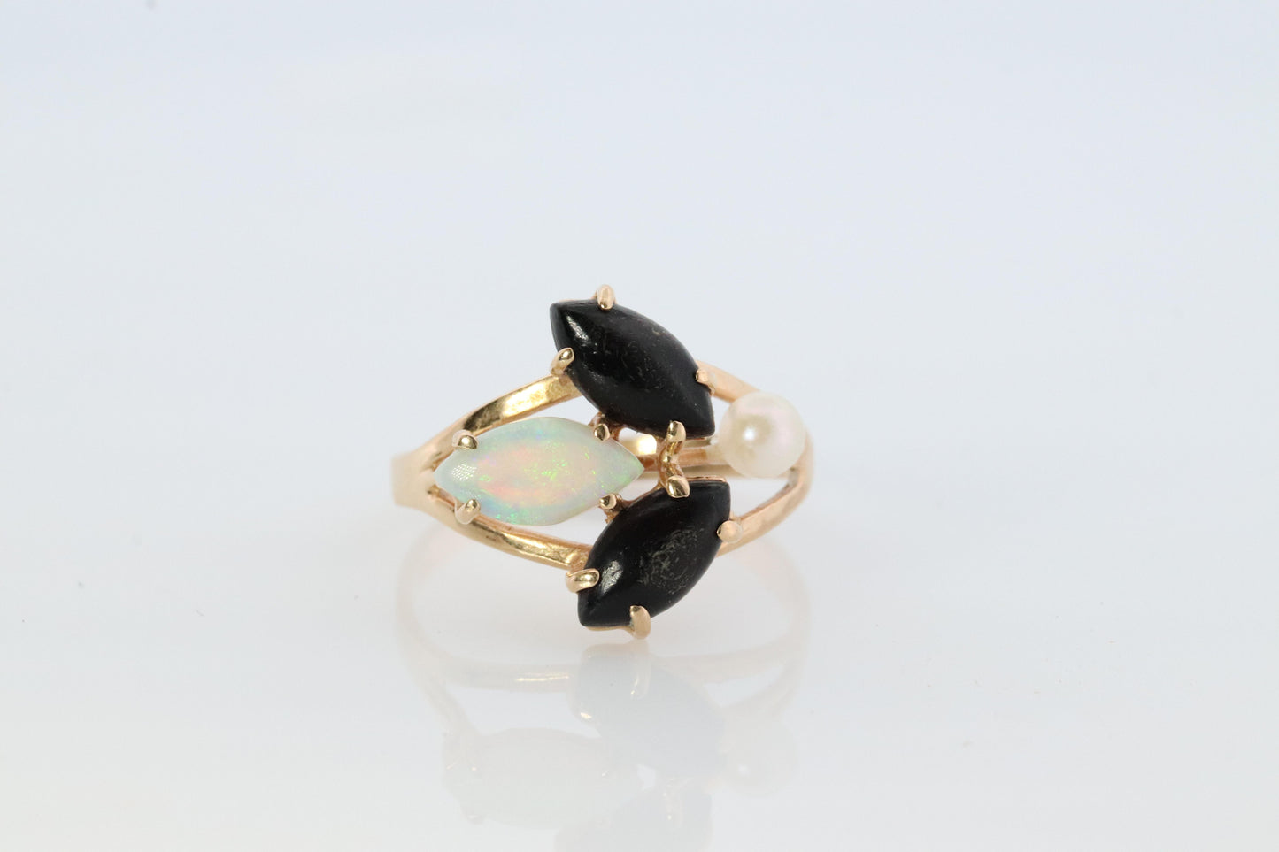 14k Onyx Opal and Pearl Cabochon cluster ring. Navette Onyx Opal band.