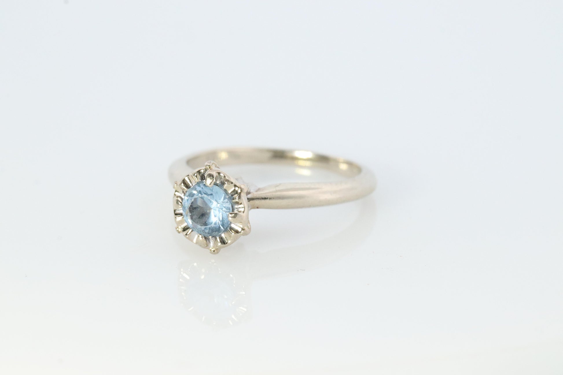 14k Aquamarine ring. Round Aquamarine solitaire ring. Flush set.