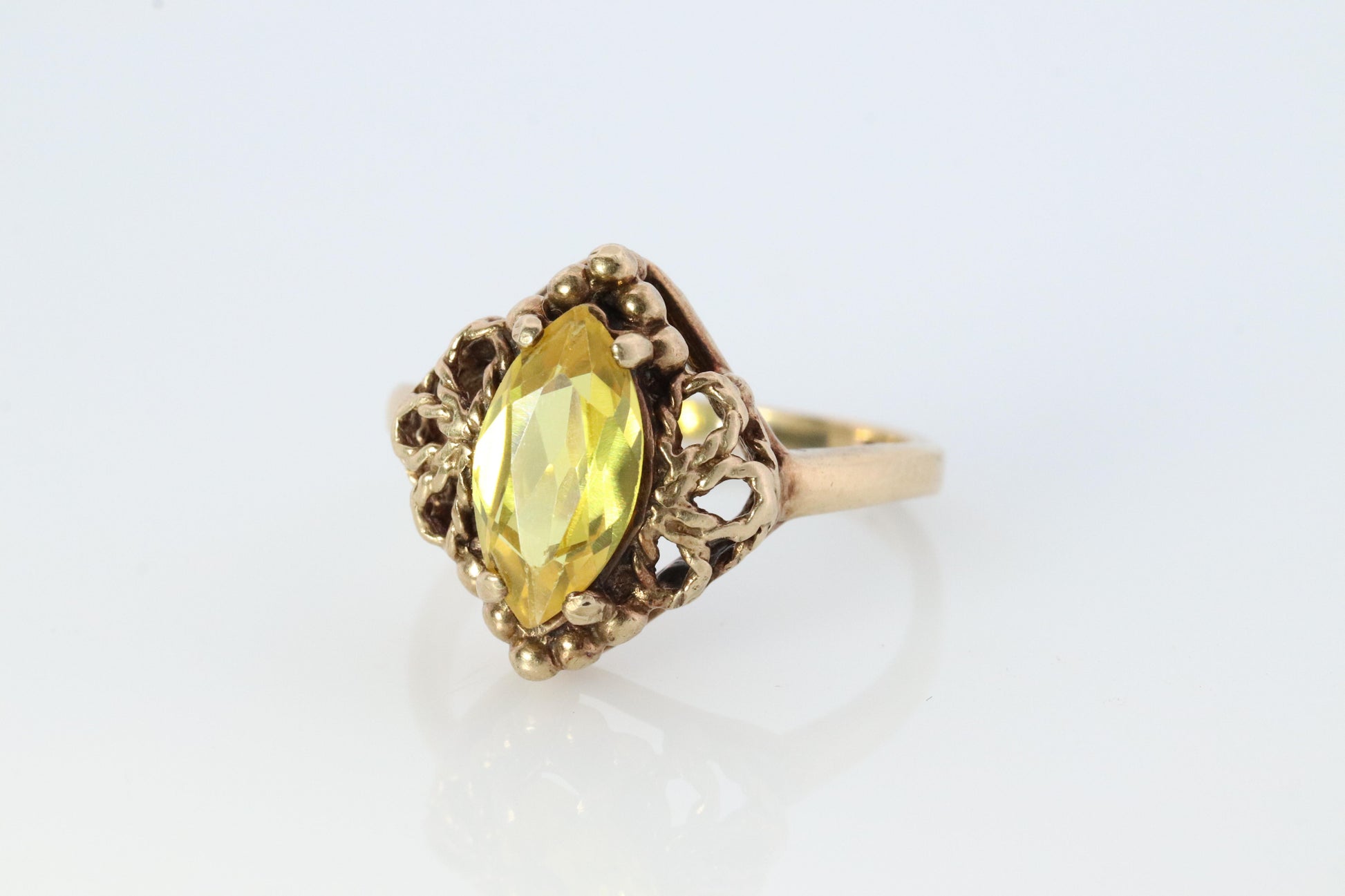 10k Citrine Marquise filigree set Ring. Citrine cocktail statement ring.