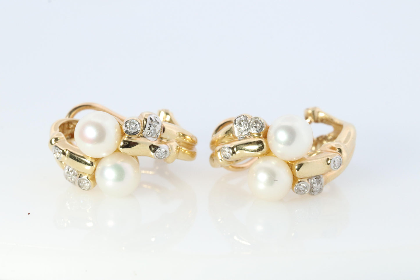 14k Pearl and Diamond Huggies Huggie Cuff Earrings. Bypass Hoop Twin Pearls