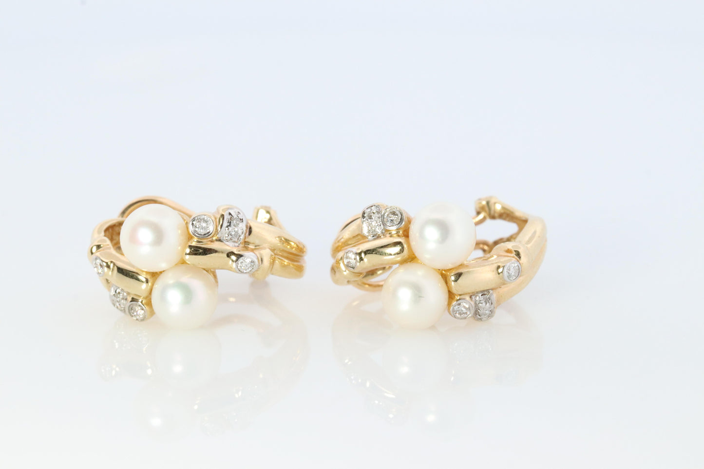 14k Pearl and Diamond Huggies Huggie Cuff Earrings. Bypass Hoop Twin Pearls